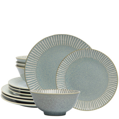 12-Piece Reactive Blue Ceramic Dinnerware Set Bali Breeze Blue Elegant Table Setting For Every Occasion - Microwave & Dishwasher Safe Stackable