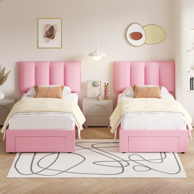 Set Of 2 Storgae Beds Twin Size Velvet Upholstered Platform Bed Frame With Adjustable Headboard, Storage Drawers For Bedroom Small Room