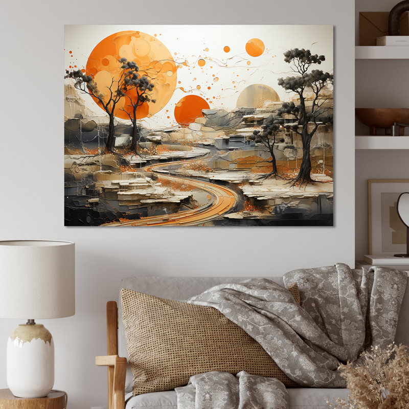 Orange Sunset Abstract Landscape Stream II - Art abstrait paysage mural, Toile tendue, H 12 po x l 20 po x P 1 po