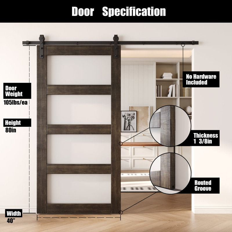 Homacer Ebony 80in 4-Lite Glass Design Unassembled & Finished Barn Door, interior use only, 40" x 80"