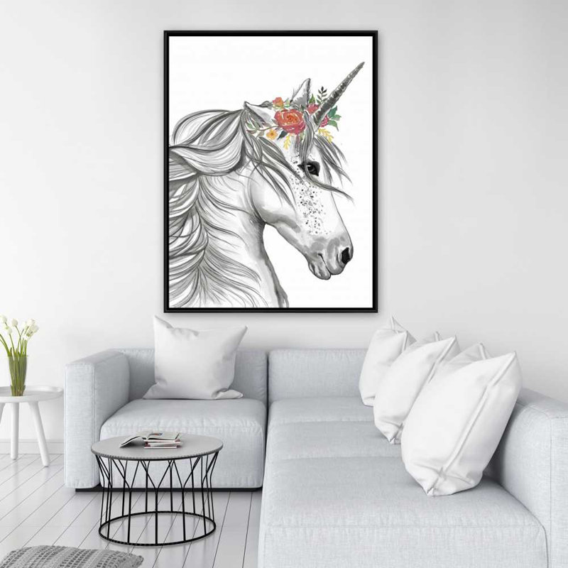 Toile encadrée rose avec licorne magique | Décoration intérieure, H 49,25 po x l 37,25 po
