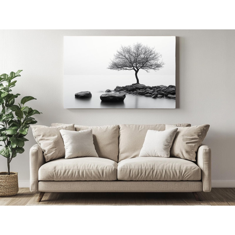 Reproduction d'art sur toile de haute qualité, arbre noir et blanc sur un lac, reproduction d'art sur toile - cadeau - décoration murale