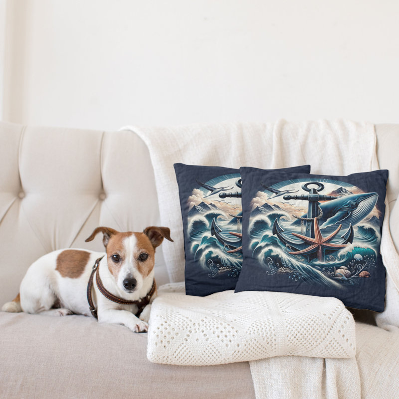 Nautical Indigo and Dark Salmon Microfiber Throw Pillow Covers, Set of 2