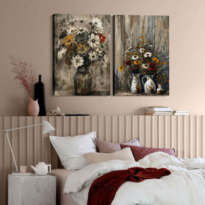 2 pièces encadrées rustique en métal vase art mural toile rétro maison de campagne décorative de style champêtre cuisine d'intérieur salon chambre bureau à domicile salle à manger prête à accrocher 24 x 16 pouces