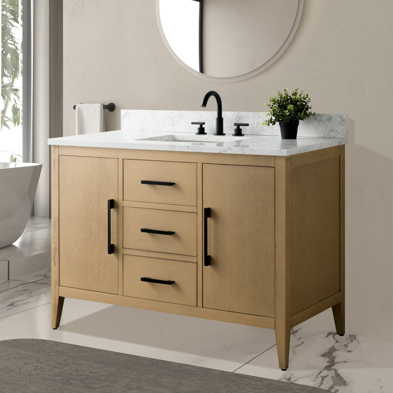 Ensemble de meuble-lavabo simple 48 po avec plateau en marbre Chambery, Chêne naturel, Noir mat