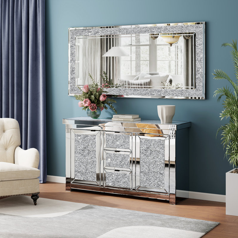 Glass Full Length Mirror With 3 Drawer Sideboard Set