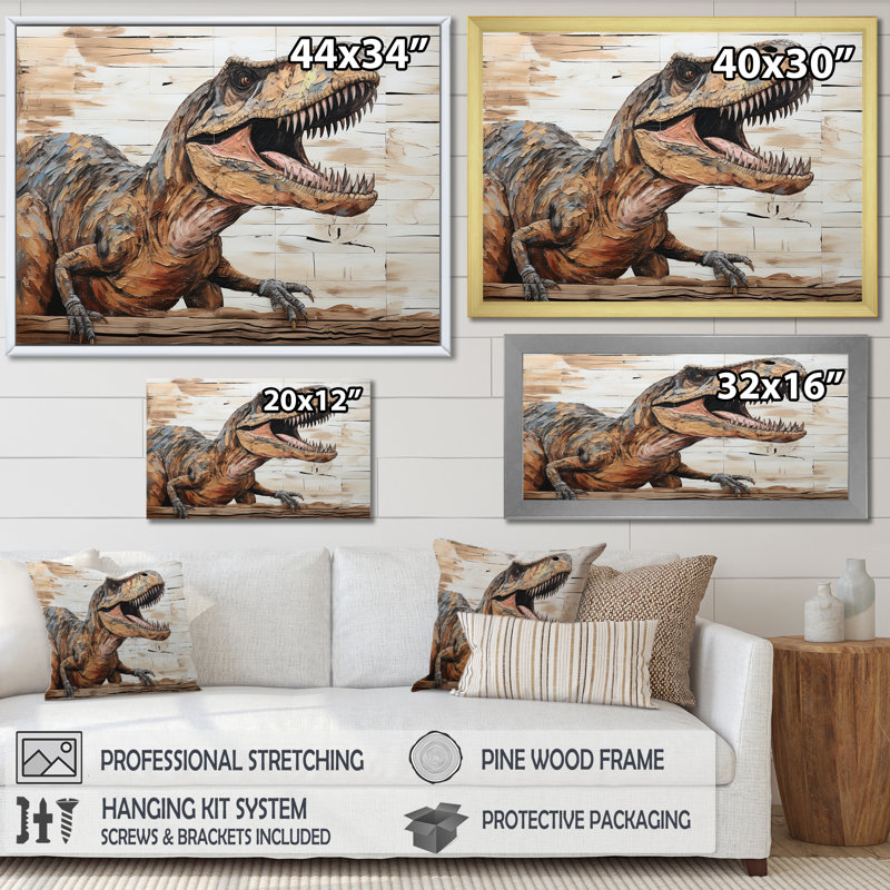 «Dinosaur Canyon I» brun - art de mur de dinosaure, H 30 po x l 40 po x P 1,5 po, Cadre de coin fermé argenté