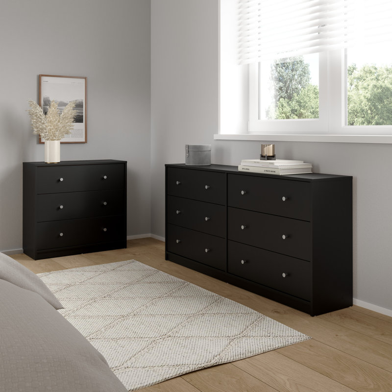 3-Piece Bedroom Set - 6 Drawer Double Dresser And Chest Set Of 2, Black, Black