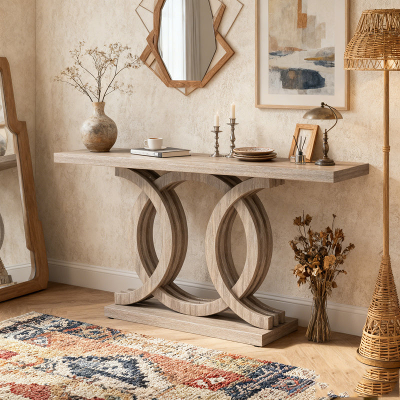 Farmhouse Hallway Sofa Table With Geometric Base, Grey