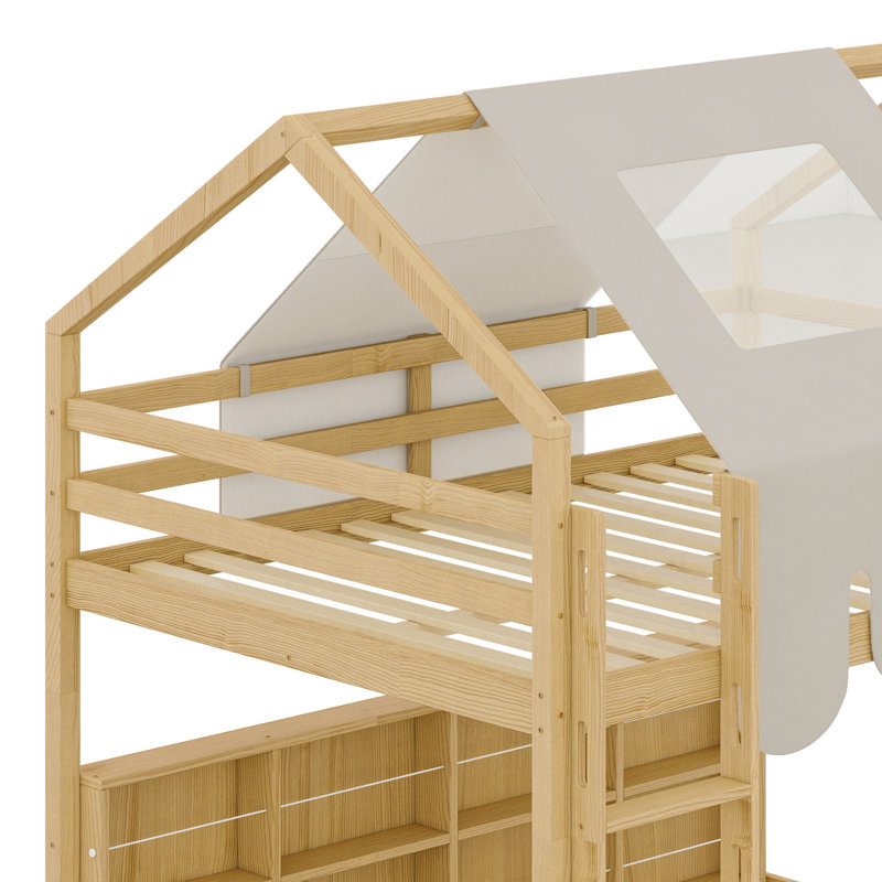 Structure de lit en mezzanine avec tente, Naturel / Beige, Lit double