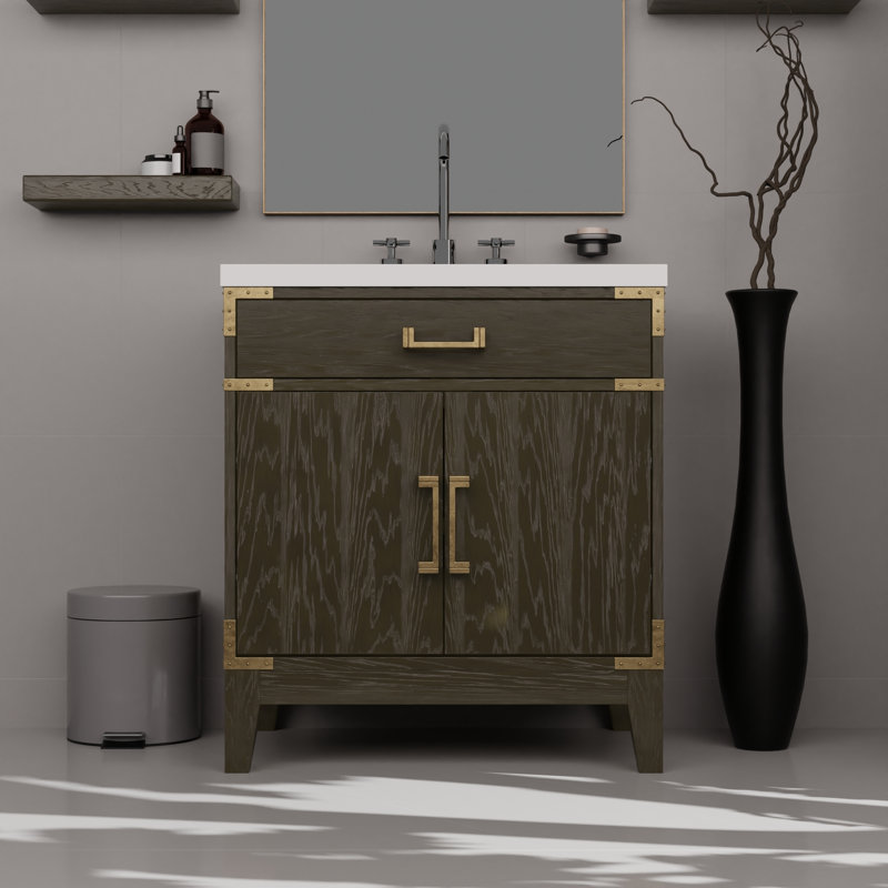 Meuble-lavabo simple en chêne gris 30 po X P 22 po D, plateau en marbre de culture et robinet, Gris