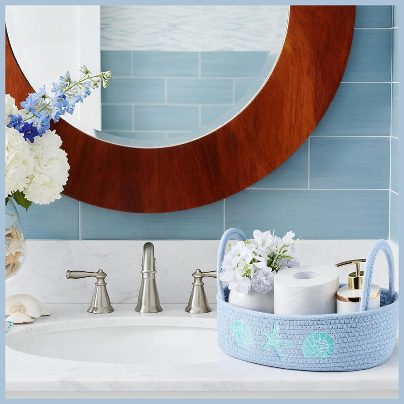 Panier en corde de coton tressée bleu côtier, décor étoile de mer et coquillage pour comptoir de salle de bain et chambre d'enfant, 13×6×4 pouces