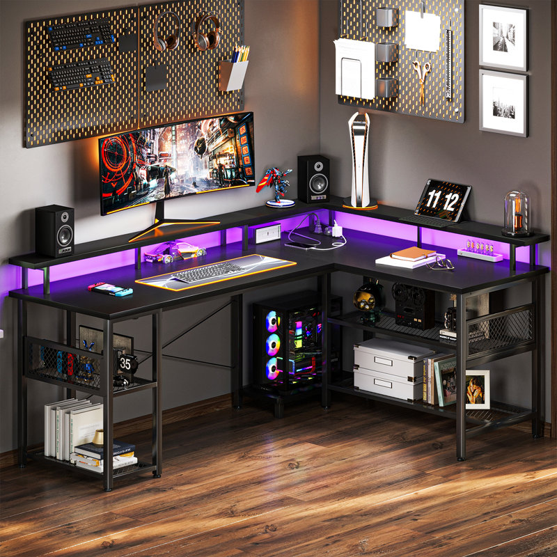 Latarya 59''W L-Shaped Desk with Steel Storage Shelves,Reversible Computer Desk with Built-in Outlets and LED Strip Lights
