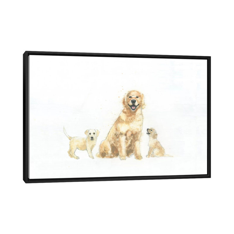 Chien et chiots, impression sur toile tendue, H 18 po x l 26 po x P 1,5 po, Toile avec cadre noir, Pas de tapis