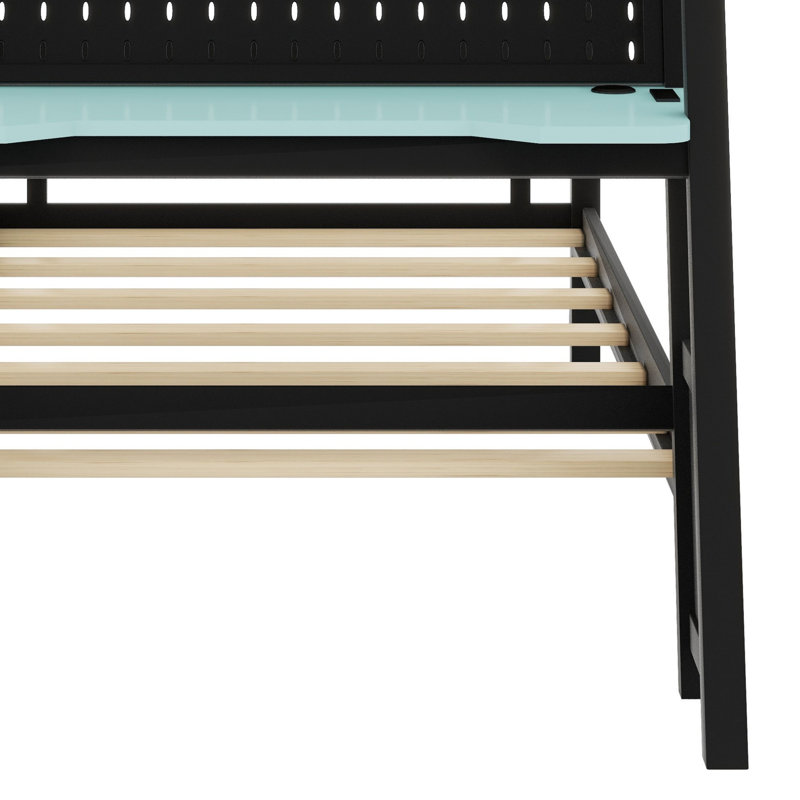 Lit double superposé multifonctionnel, bureau double intégré, ports USB et rangement perforé, Bleu nuage / noir