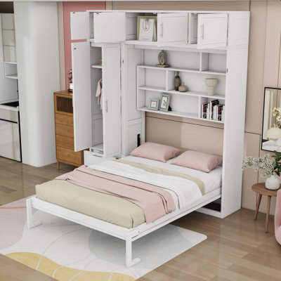 Grand lit escamotable en bois 2 tiroirs avec garde-robe et armoires