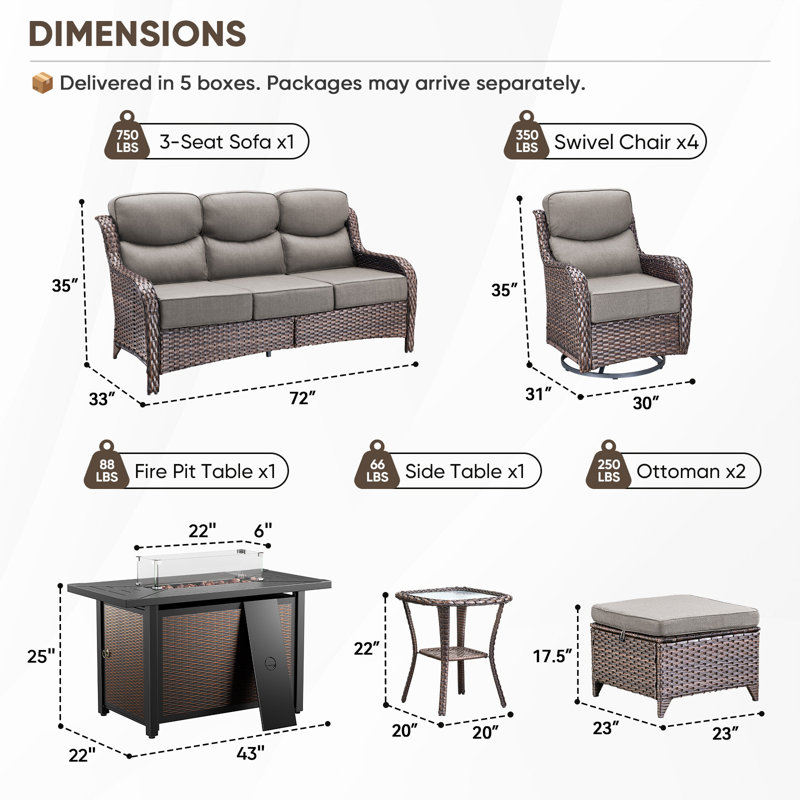 Wickes 9-Piece Outdoor Wicker Patio Rectangle Metal Fire Pit Table Conversation Set With 4 Swivel Gliders, Ottomans And Side Table