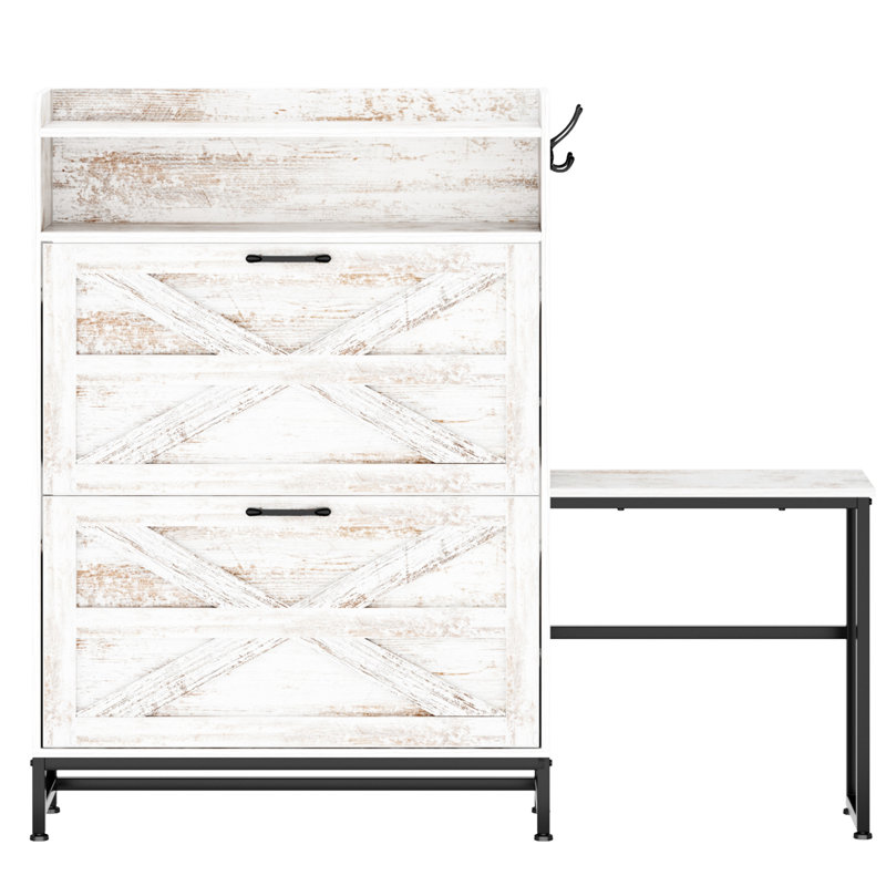 Armoire à chaussures grande capacité - blanc avec tablettes ouvertes pour le vestibule et le couloir en blanc, 2 tiroirs rabattables et fentes réglables, rangement, maison de style rétro rustique