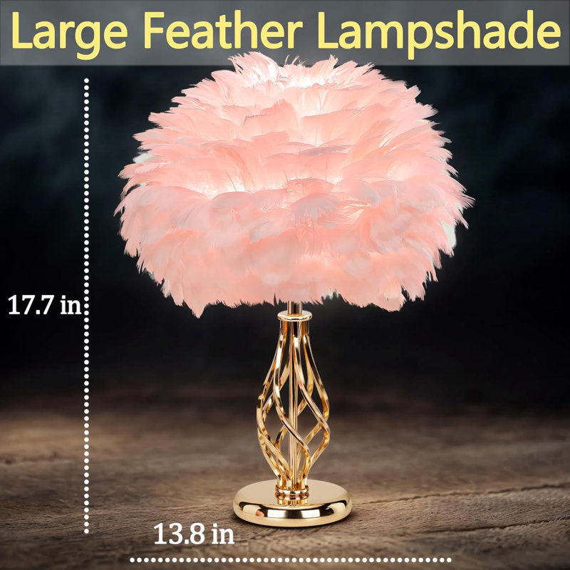 Feather Table Lamp With Golden Spiral Cage Base - 3-Color Temperature Adjustable Light, Handwoven Goose Feather Shade, Elegant Bedside Decor For Living Room, Bedroom, Or Office