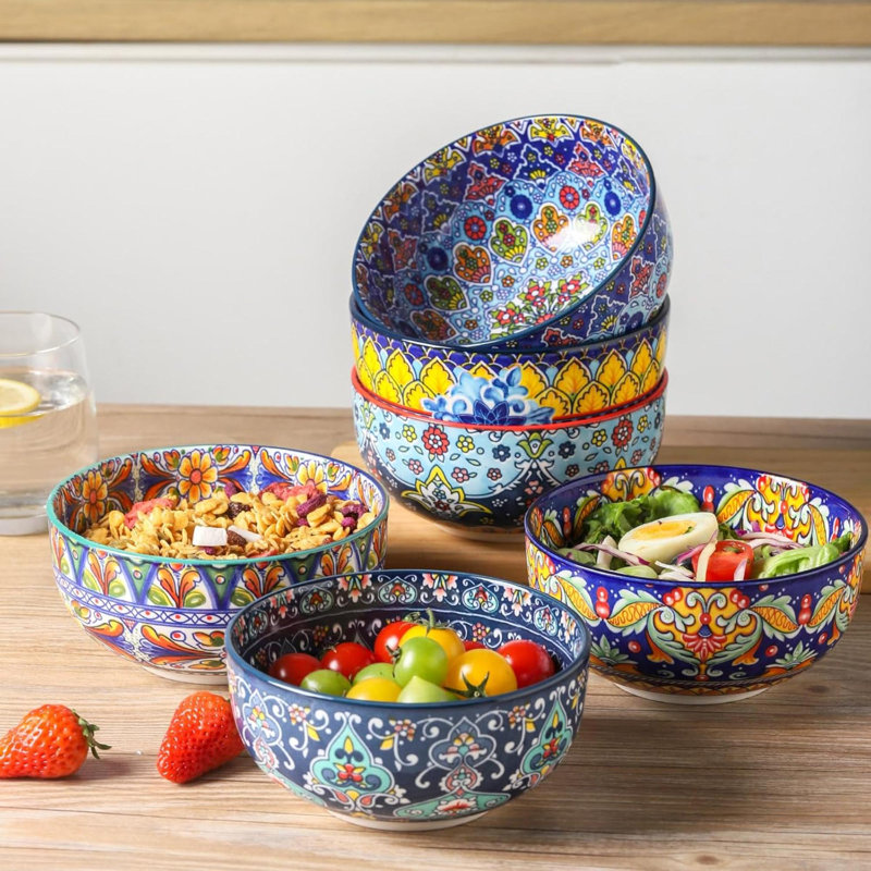 Cereal Bowls Set Of 6,  Ceramic Soup Bowls For Kitchen, Colourful Cereal Bowls For Rice, Oatmeal, Fruit, Ice Cream, Dessert, Dishwasher & Microwave Safe, Bohemian