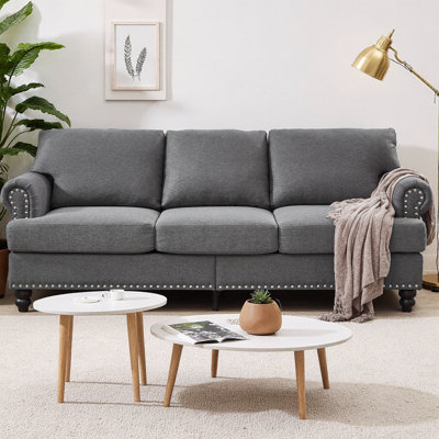 83" Modern Classic 3-Seater Sofa Upholstered Polyester Fabric Couch with Silver Nailhead Trim, Spring Coil Seat, Removable Covers & Hidden Storage, Dark Brown Solid Wood Legs