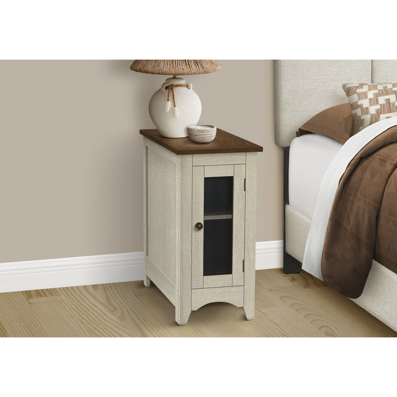 Table d'appoint avec poignée en métal et tablette fixe: placage brun blanc antique, étroit pour le salon de la chambre à coucher, rangement latéral facile à installer: rangement des tablettes, utilisation dans la pièce