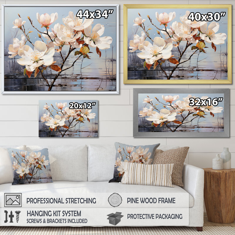 «Luxurious Magnolia Tranquility II», reproduction sur toile, Cadre simple blanc, H 30 po x l 40 po x P 1,5 po