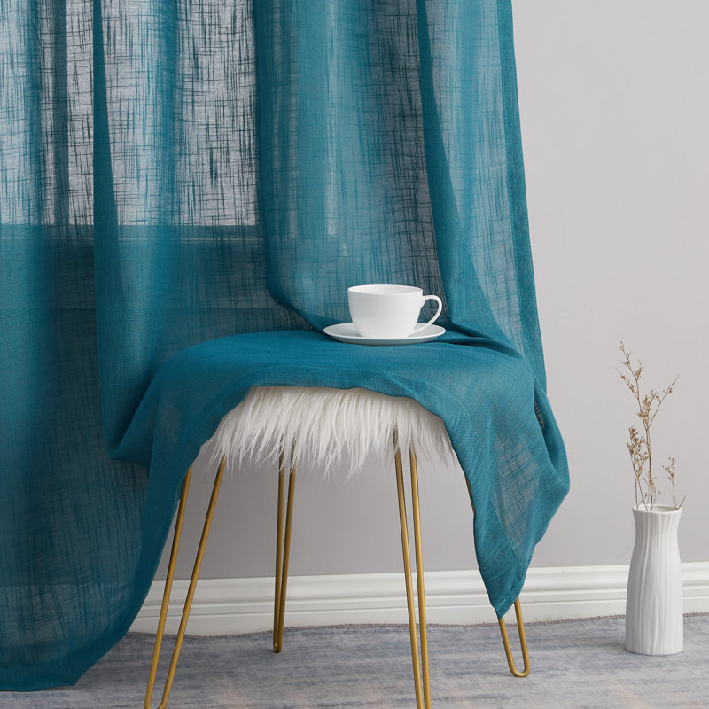 Grey Teal Faux Linen Semi-Sheer Grommet Curtain Panels, 84" Length
