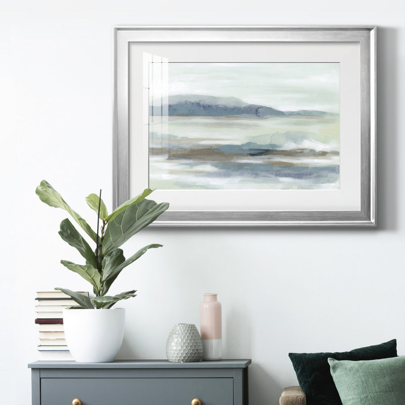 Soft Shores II - Tableau encadré en verre, grand format, idéal pour le salon, H 30,5 po x l 42,5 po x P 1 po, Argent