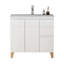 Meuble-lavabo moderne de 91 cm (36 pouces) avec lavabo intégré, 2 portes et tiroirs à fermeture amortie, poignées élégantes, pieds en bois naturel, lavabo en céramique blanche facile à installer, tiroirs et placards de rangement.