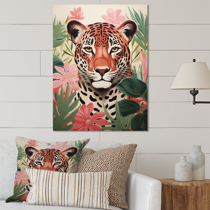 Art mural en métal vert et rose léopard dans la jungle III - léopard / guépard, H 32 po x l 24 po x P 1 po