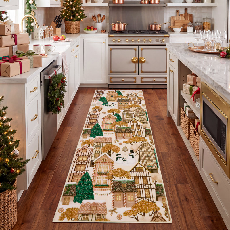 Tapis de Noël Village d'hiver Bonhomme de neige et rennes, Café, 2 x 8 pi
