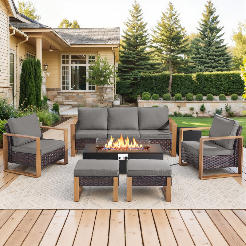 Drazen 7 - Person Patio Furniture Set With Fire Pit Table, All-Weather Wicker Outdoor Conversation Set With Chair And Thick Cushions