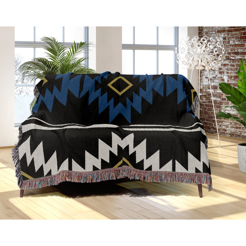 Jeté en mélange de coton Wapi South Western, L 70 po x l 50 po, Bleu / noir / blanc cassé