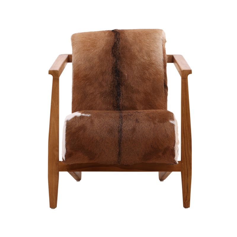 Doliver Teak Wood Upholstered Armchair, Brown/White Genuine Goat Hide, Natural