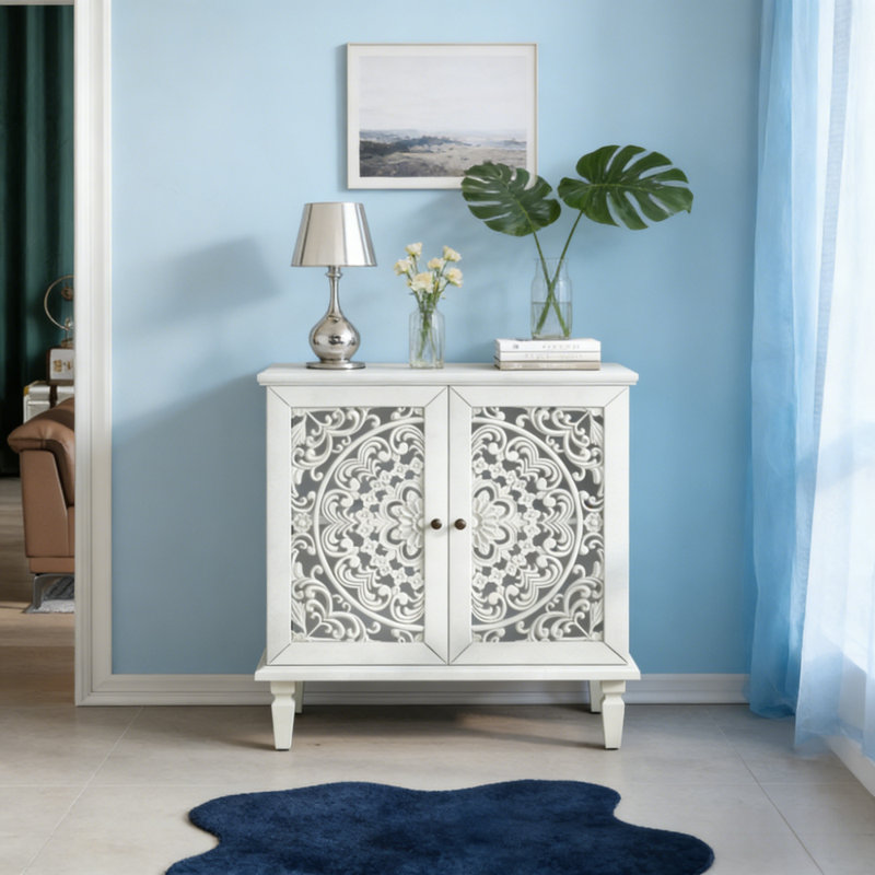 Vintage Hollow-Carved Accent Cabinet, Antique Gray White