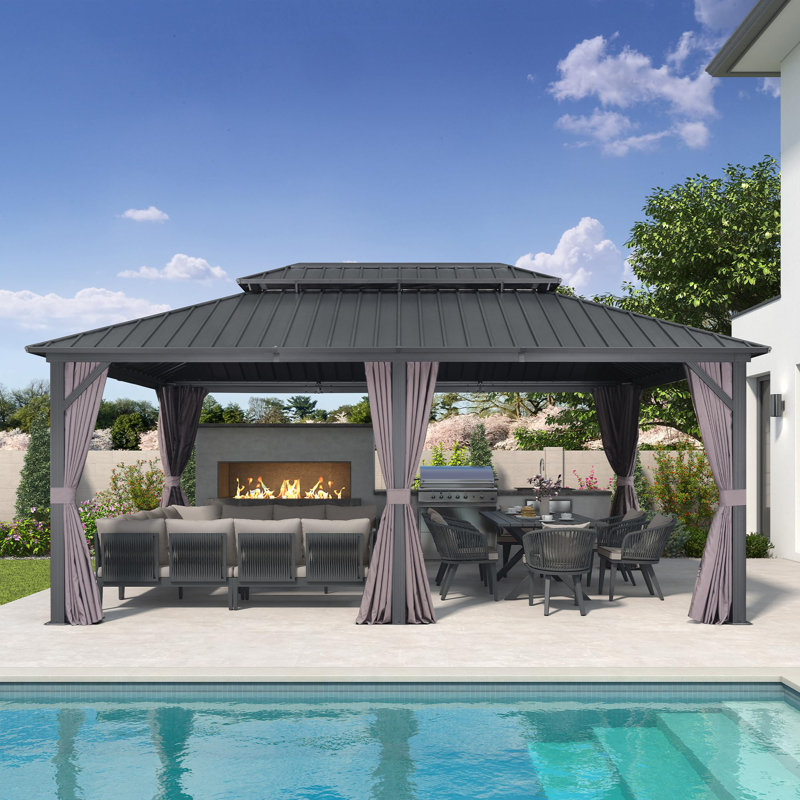 PURPLE LEAF 12' X 18' Gazebo Outdoor Aluminum Gazebo with Heavy Duty Galvanized Steel Double Roof for Patio Backyard Deck, Netting and Curtains Included, Grey