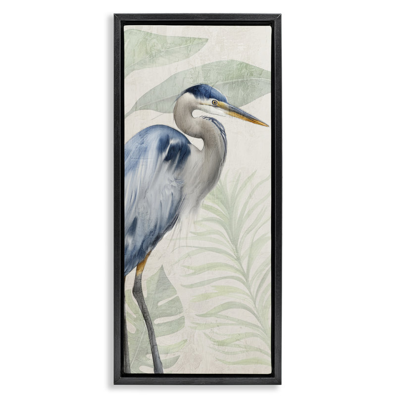 Cadre flottant Heron Portrait par dessus des palmiers, design par Kim Allen, H 25 po x l 11 po, Cadre flottant noir de jais