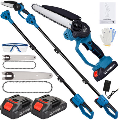 Scie à colonne électrique 2-en-1, mini-scie à chaîne 6 po et 8 po sans fil avec rallonge et 2 piles 21 V, outil de coupe-branches pour couper et tailler des branches, maison, jardin et bricolage