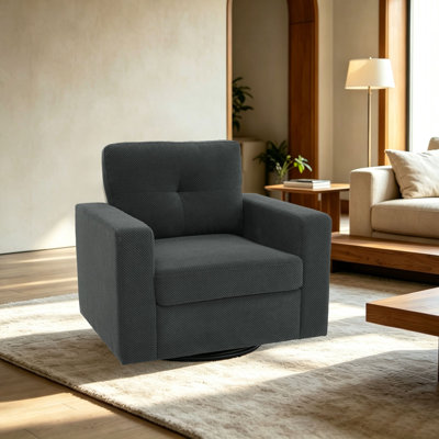 Fauteuil pivotant à 360 degrés, fauteuil canapé une place avec accoudoirs carrés, fauteuil rembourré en tissu texturé / similicuir / tissu imprimé pour salon ou chambre