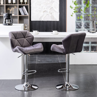 Gray Velvet Swivel   Of 2  - Adjustable Height, Diamond Seat, Mid-Back Comforting Space, Base With Footrest , 2 . And Height. For Maximum Comfort. Polished Footrest. 20.5"W X 25.6"D 35-43.25"H. Seat