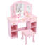 Ensemble de coiffeuse et chaise pour enfant rose avec miroir à trois volets - Bureau de maquillage en bois avec 3 tiroirs et tablettes de rangement ouvertes
