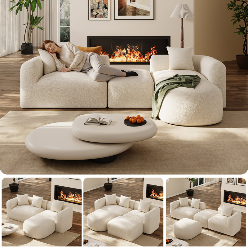 Boneless 119" Modern Curved Sectional Sofa Compression Modular Sofa Couch, Beige