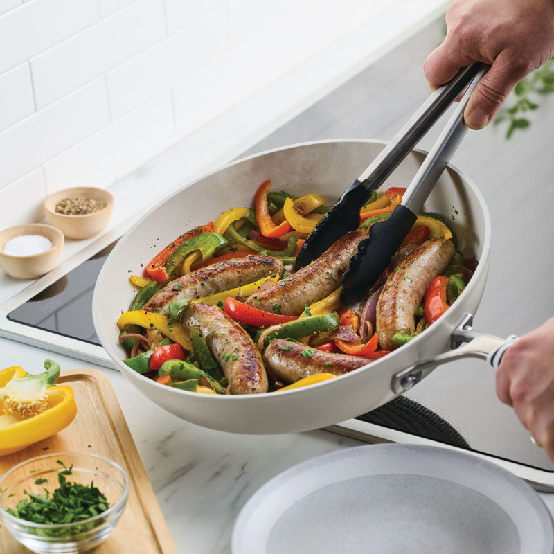 Kitchenaid Hard-Anodized Ceramic Induction Skillet With Lid, 12.25-Inch, Agave, White