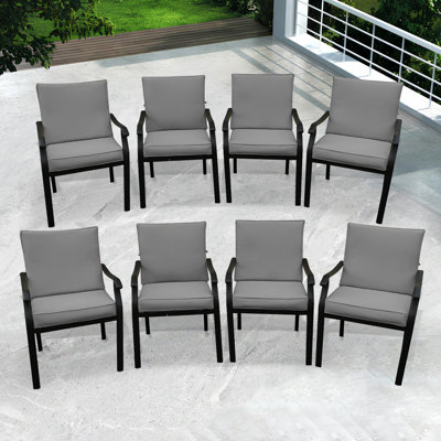 Chaises de patio en métal 6 pièces Hoopeston, chaises de salle à manger d'extérieur en fer avec coussins de 3,54 po d'épaisseur, chaise bistro empilable pour le jardin, la piscine, la cour, la pelouse, noir (coussins gris)
