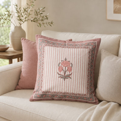 Kesar Handblock Printed Cotton Cushion Cover, 18 x 18, Blush Pink