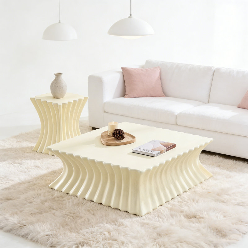 Ensemble de table basse en fibre de verre robuste de 35,43 po + 15,16 po pour salon, sans assemblage, beige