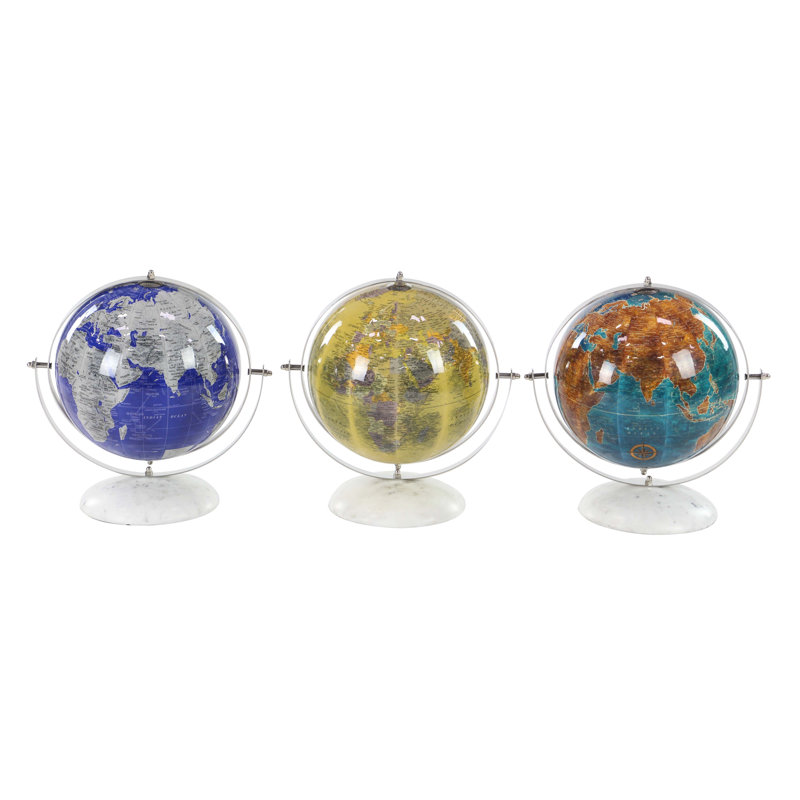 Globe terrestre en marbre moderne et marbre, H 11 po x l 8 po x P 10 po, Jaune/Vert/Bleu