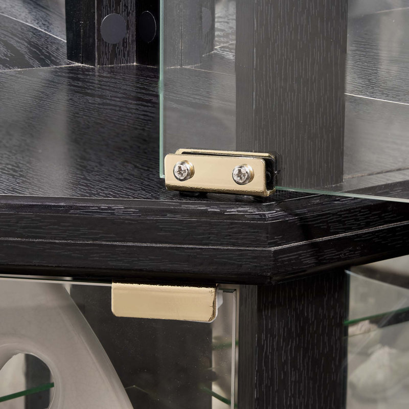 Vitrine de coin en verre avec éclairage (inclus) et tablettes réglables en verre, Noir