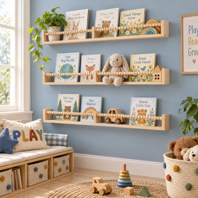 Ensemble de 3 étagères murales flottantes en pin avec perles décoratives, idéales pour une chambre d'enfant.
